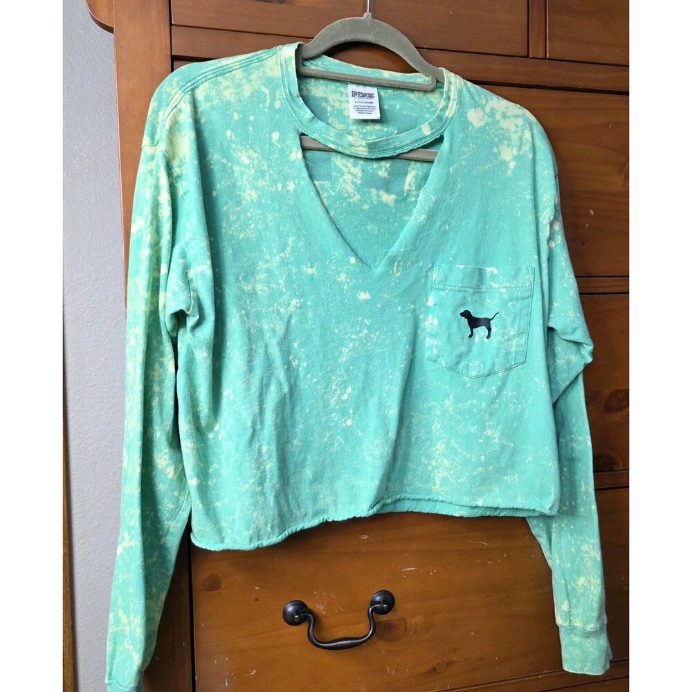 Victoria's Secret Tie Dye Long Sleeve Crop Top Size Small Green Yellow Cut Out